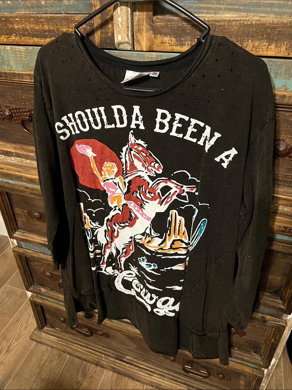 Women’s Black Graphic Long Sleeve Tee - Shoulda Been A Cowboy